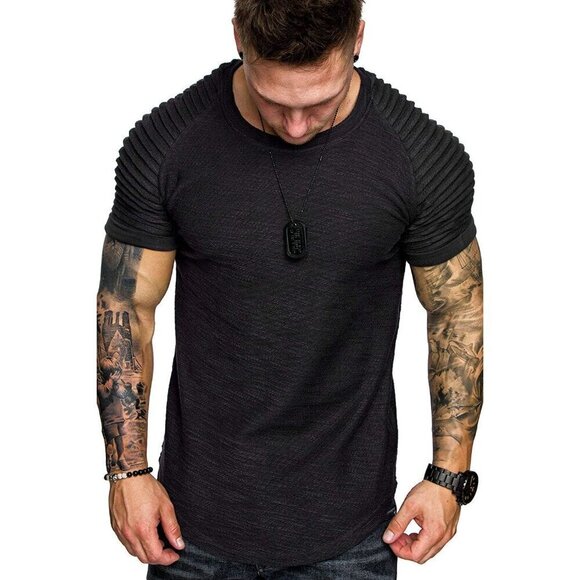 Men Black Muscle TShirt Pleated Raglan Sleeve Hipster Gym Tee Short Sleeve Shirt - Picture 3 of 7